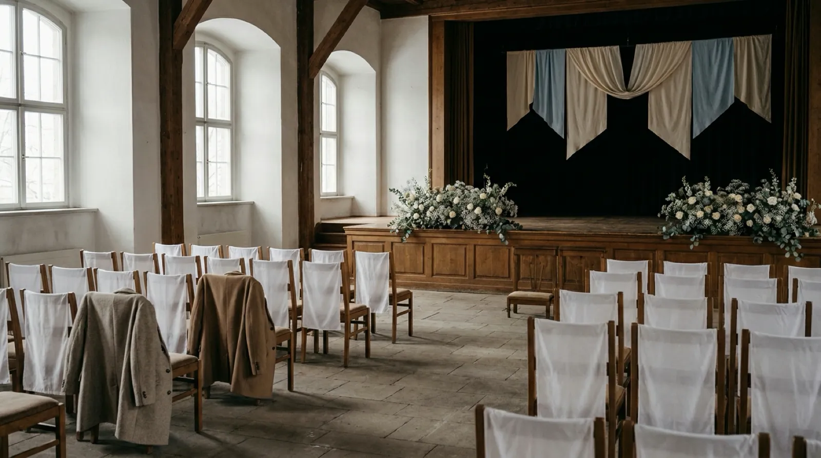 AI-generated illustration of a hall prepared for a coming-of-age ceremony