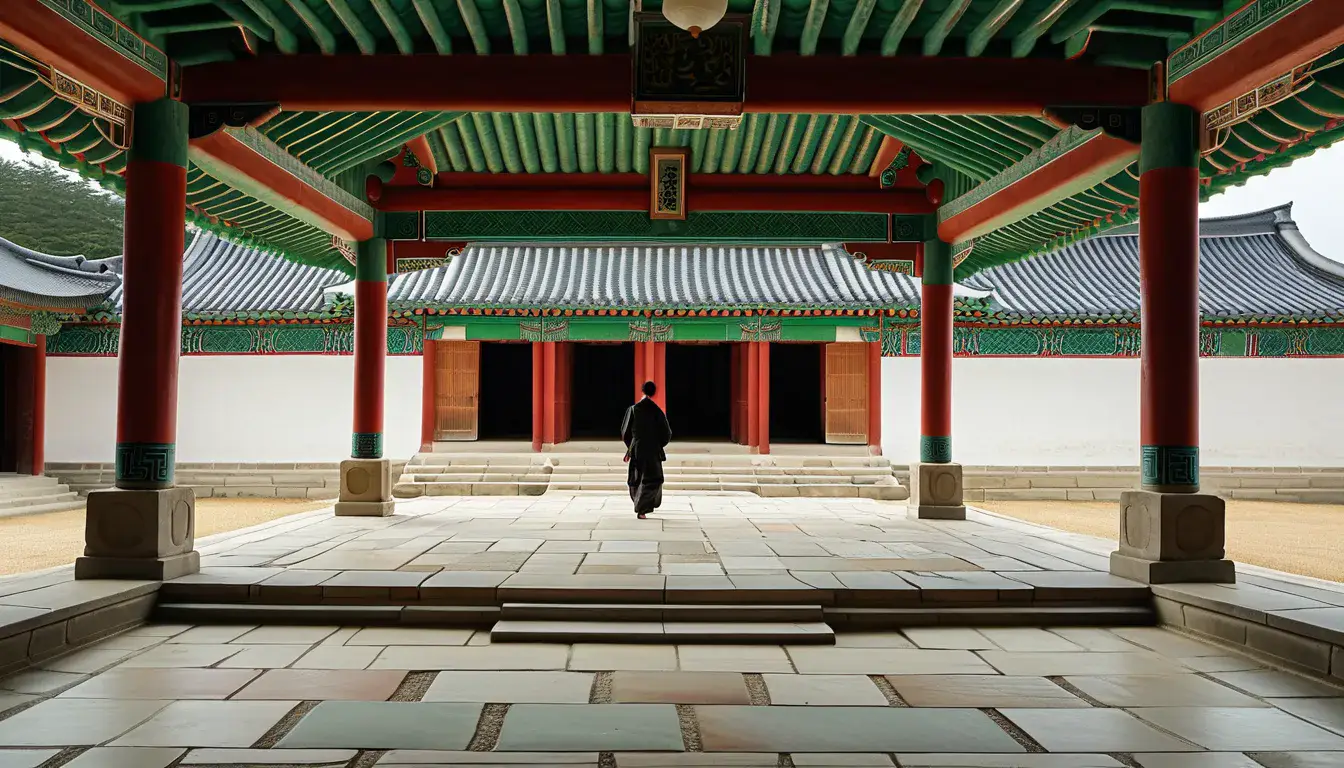 AI-generated illustration of a visitor seen from behind walking beneath palace eaves