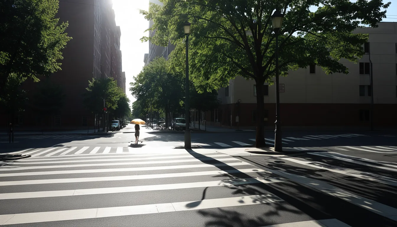 正午の日ざしの下の都市の横断歩道を説明するためのAI再現画像