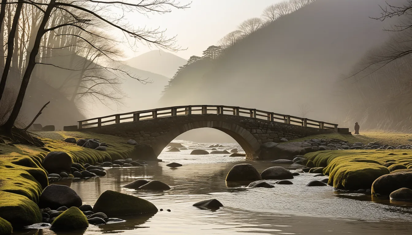 AI-generated illustration of an old stone bridge over a misty stream