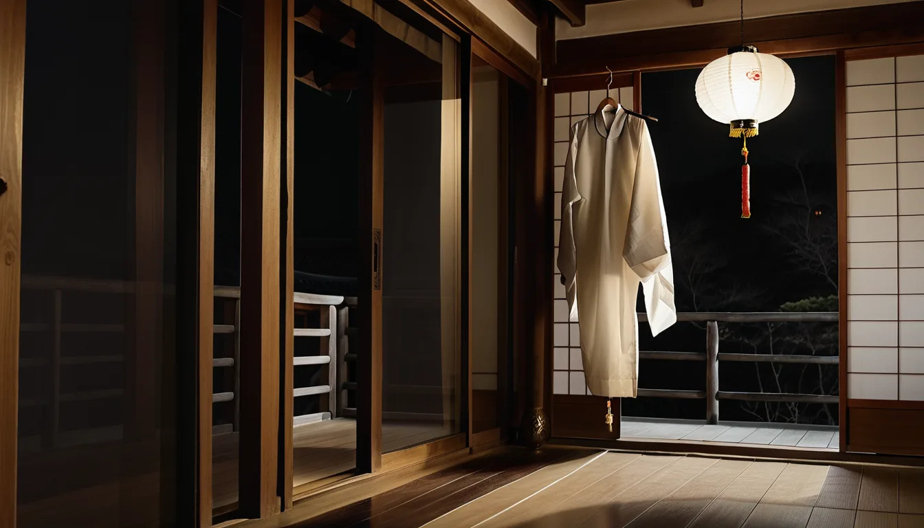 AI-generated illustration of a white garment hanging on a hanok veranda under lantern light