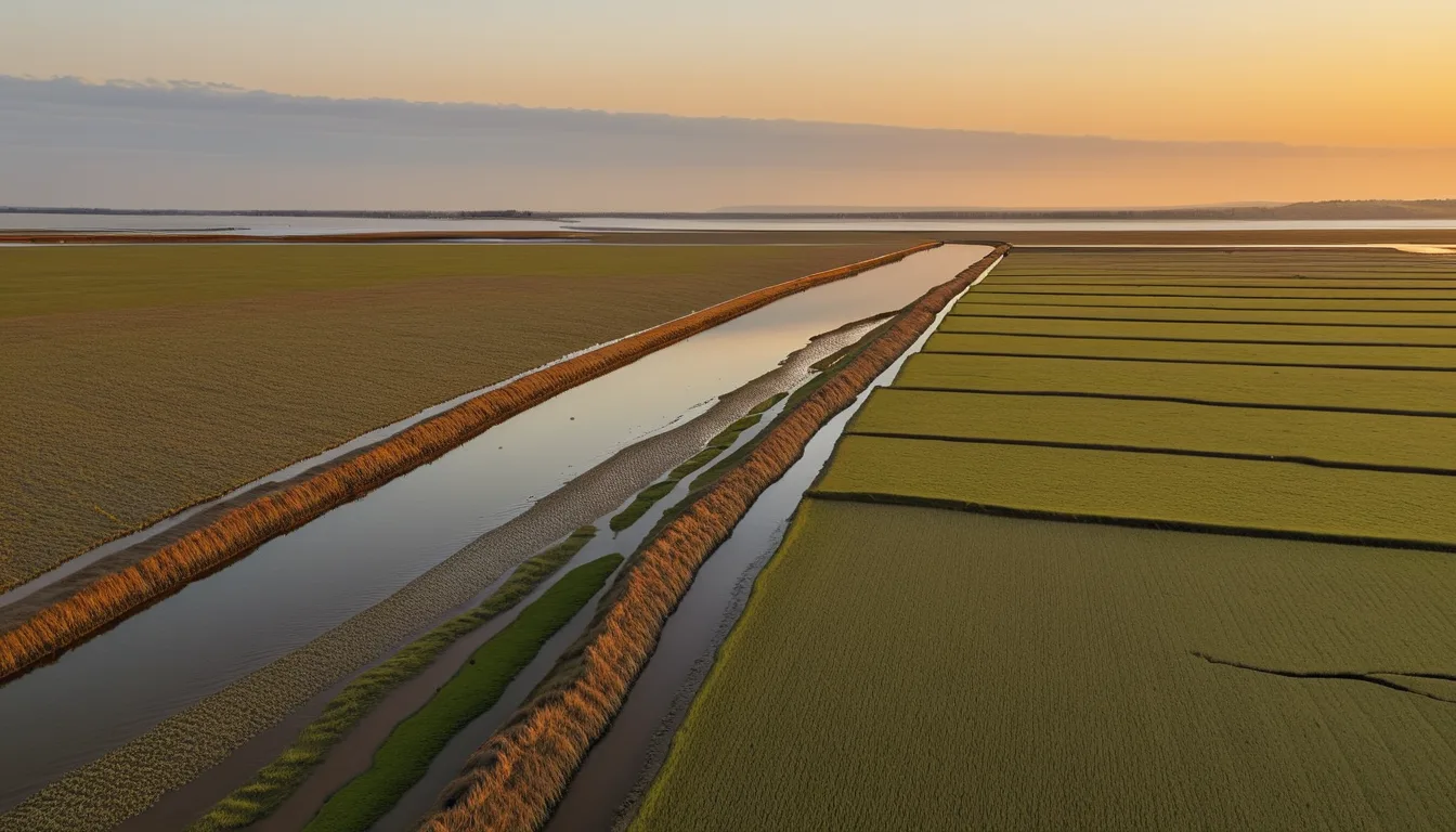 AI-generated illustration of reclaimed farmland on the west coast at sunset