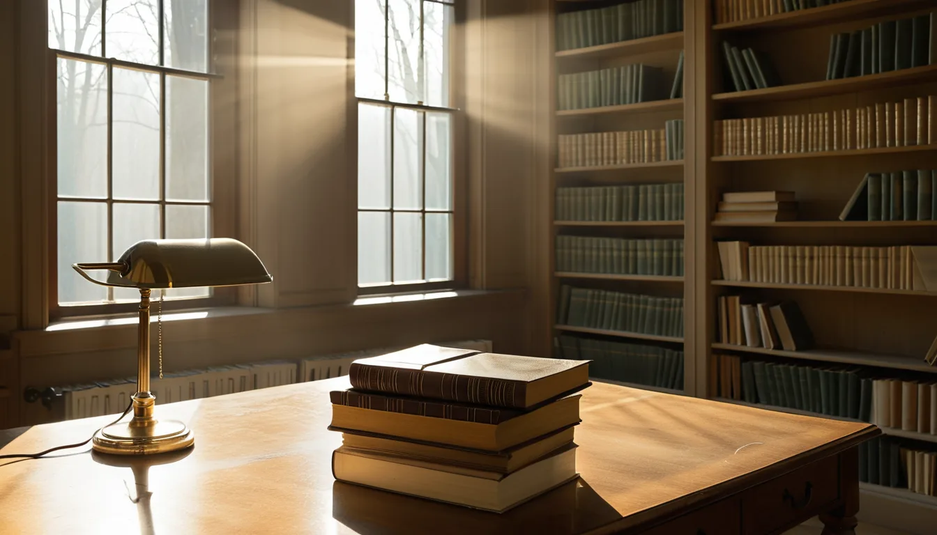 AI-generated illustration of a long wooden table in a library reading room