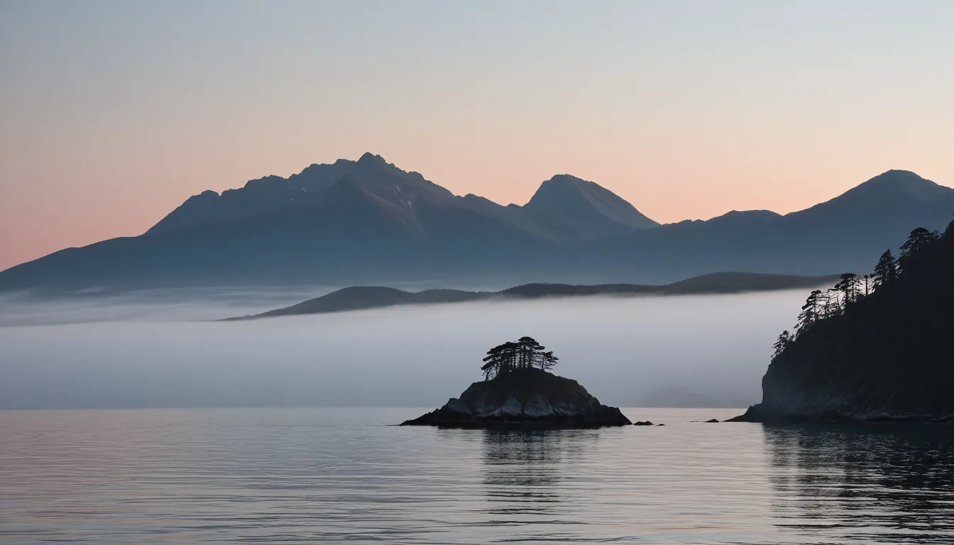 AI-generated illustration of a coastal ridgeline as dawn fog lifts