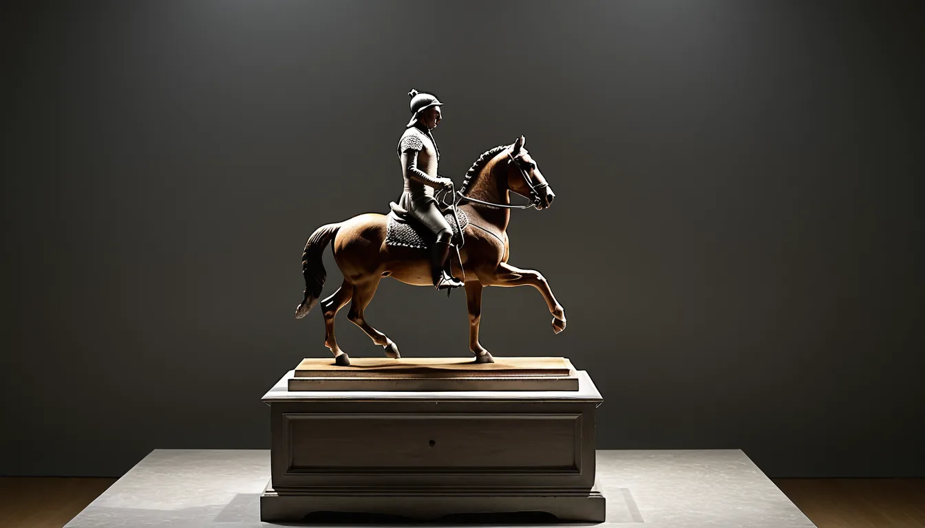 AI-generated illustration of a small carved wooden figure in a museum display case
