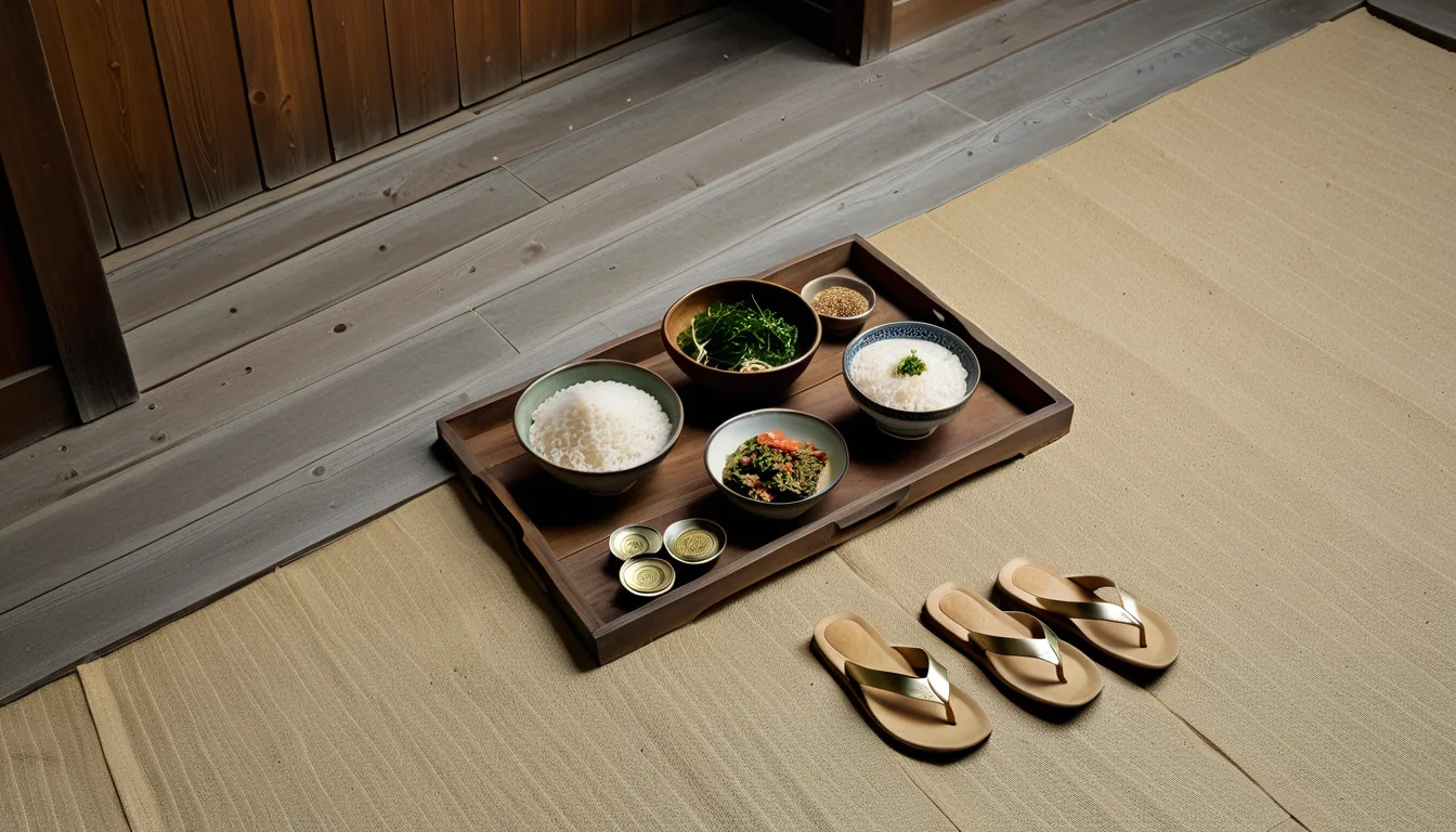 AI-generated illustration of rice bowls and straw sandals on a tray in a courtyard