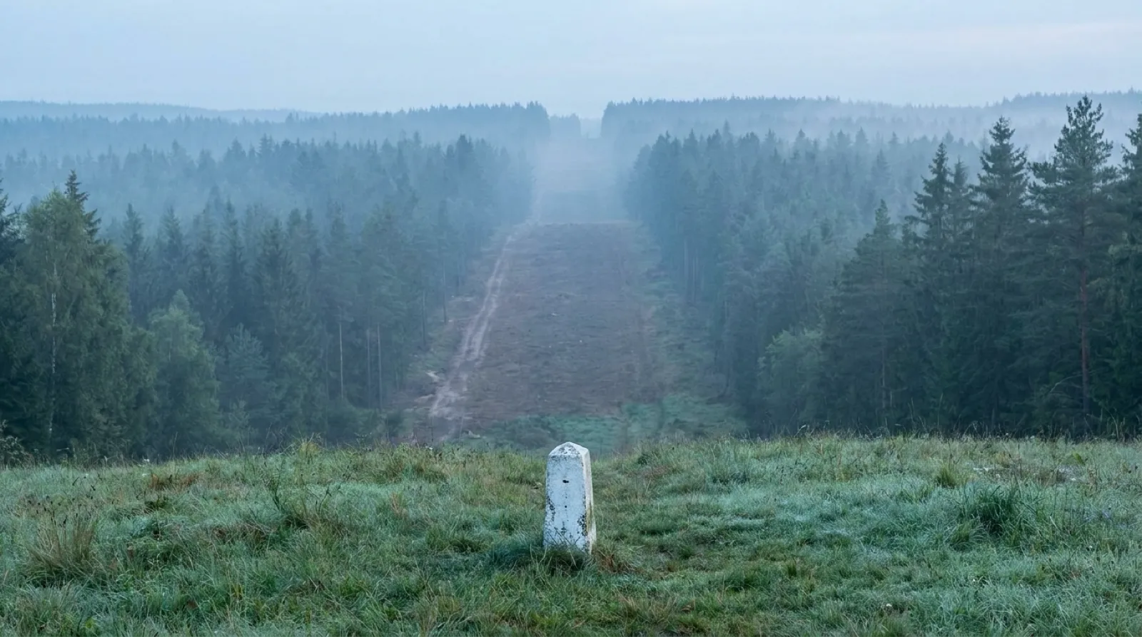AI-reconstructed conceptual image of a boundary vista cut through forest with a boundary monument