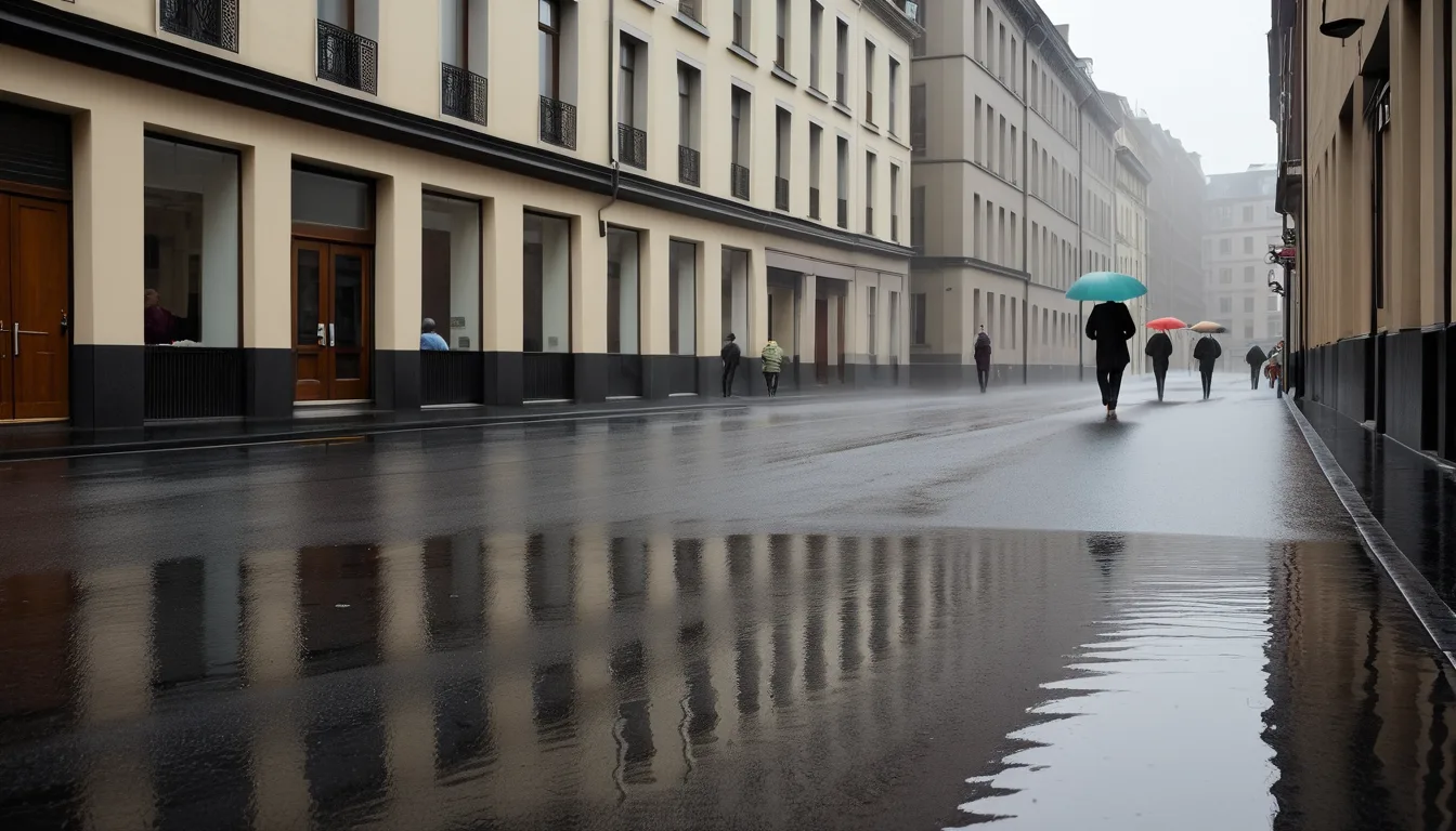 雨が降る都市の街路と傘を説明するためのAI再現画像