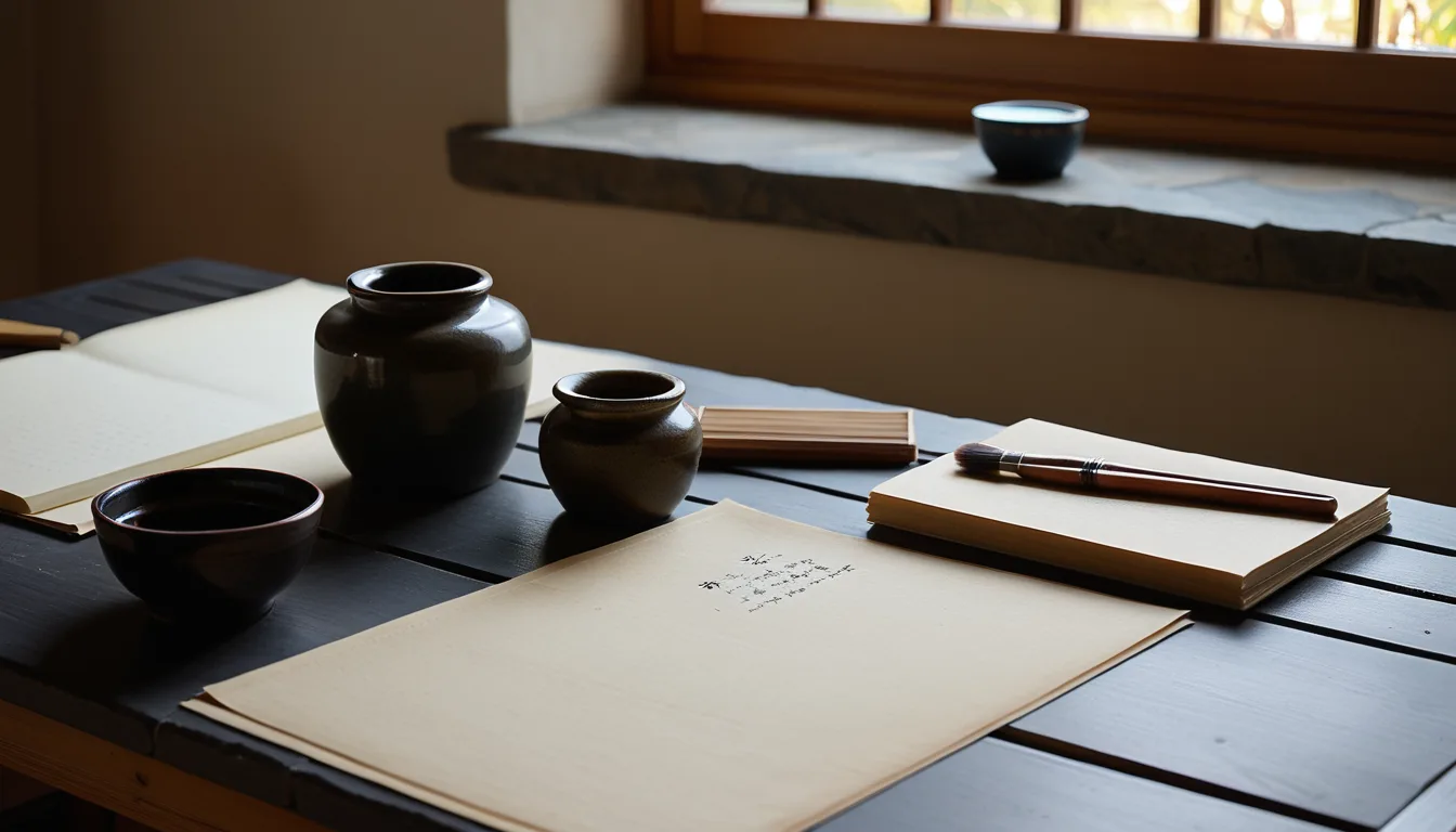 書案に置かれた筆と白紙を説明するためのAI再現画像