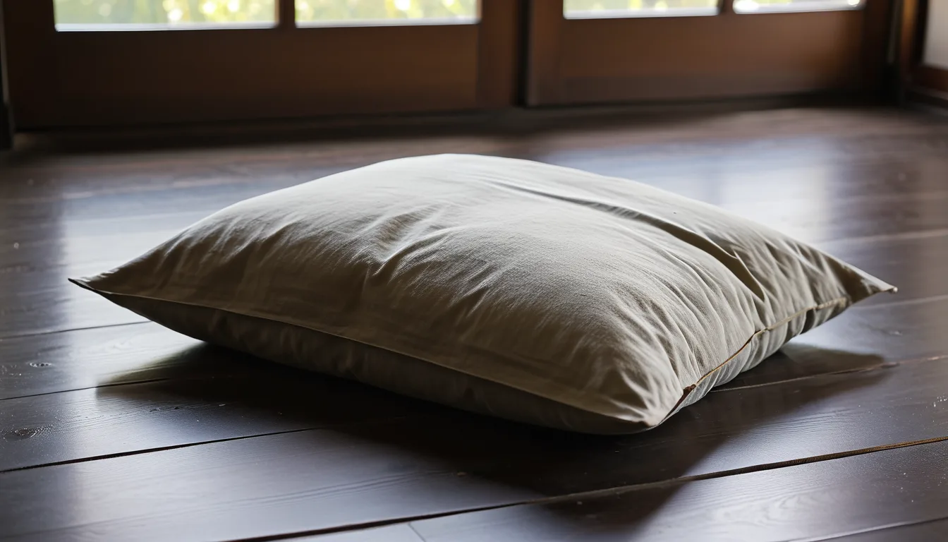 AI-generated illustration of a worn pillow on the wooden floor of an old inn room