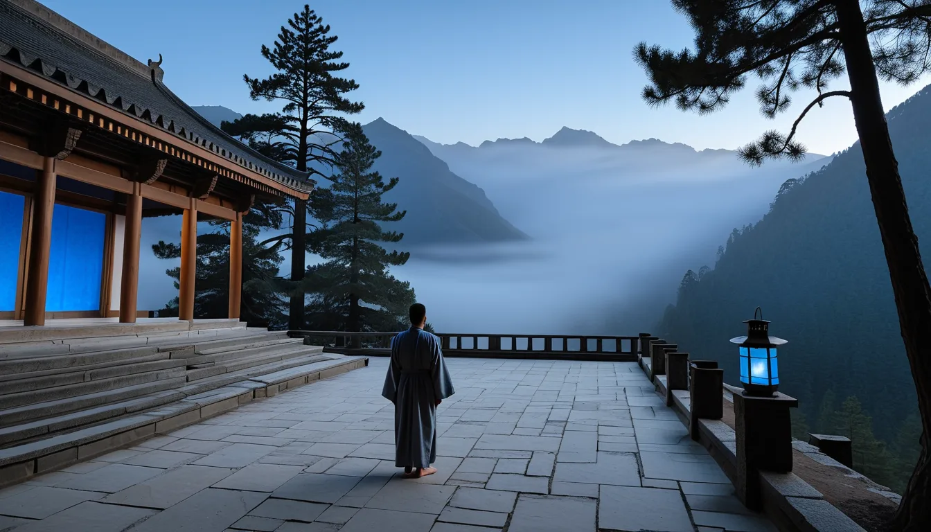 AI-generated illustration of a figure seen from behind in a mountain temple courtyard
