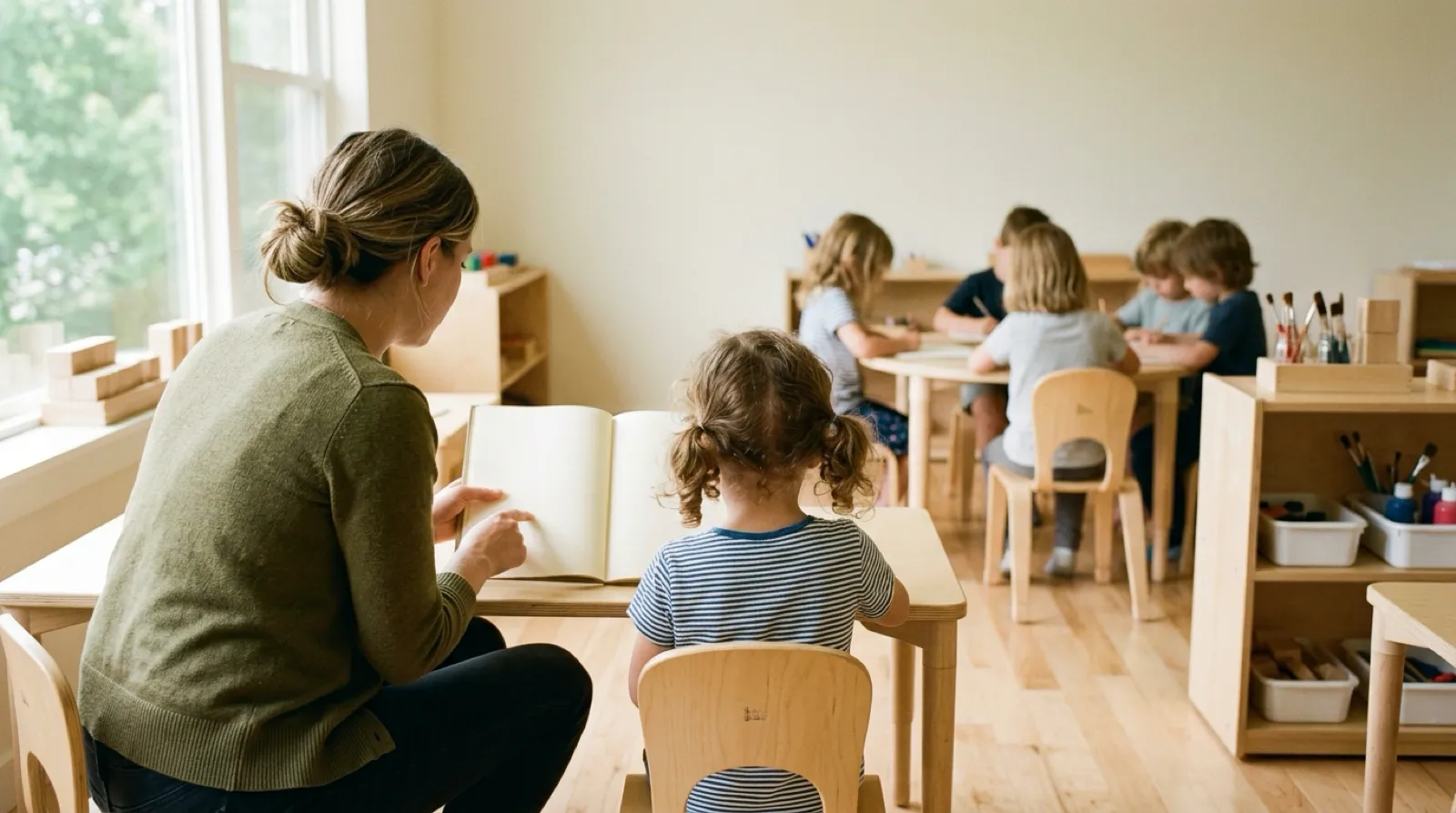 AI-reconstructed conceptual image of a teacher reviewing a pupil’s work individually in class
