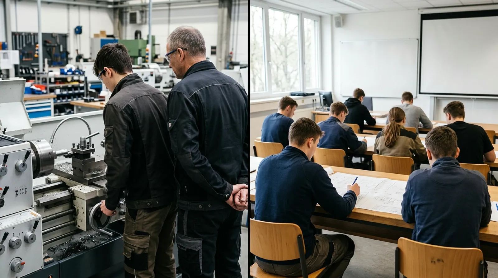 AI-reconstructed conceptual image of dual vocational training between a company workshop and a vocational school