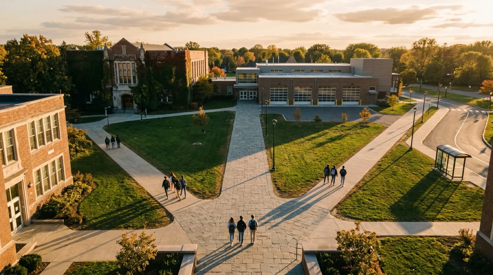 AI-reconstructed conceptual image of paths branching in several directions from a school building