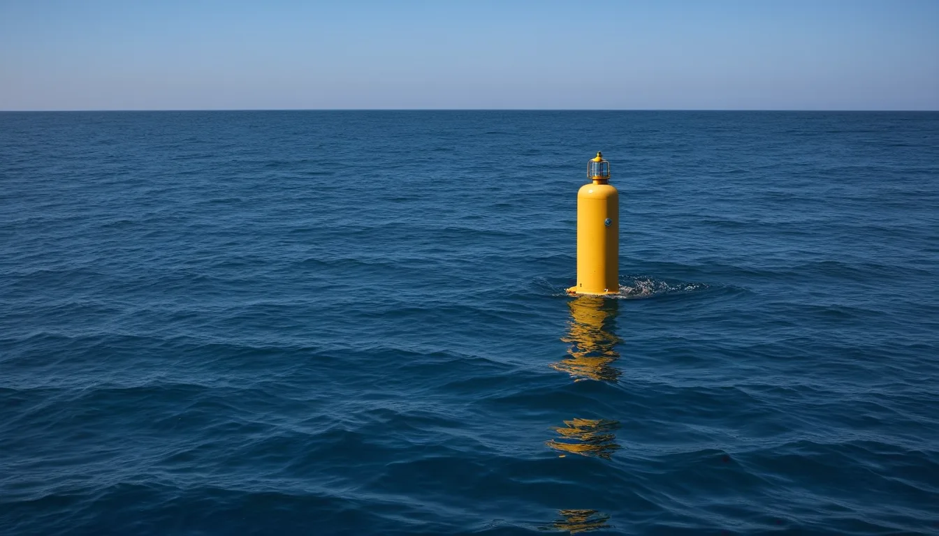 海に浮かぶ黄色い観測ブイを説明するためのAI再現画像
