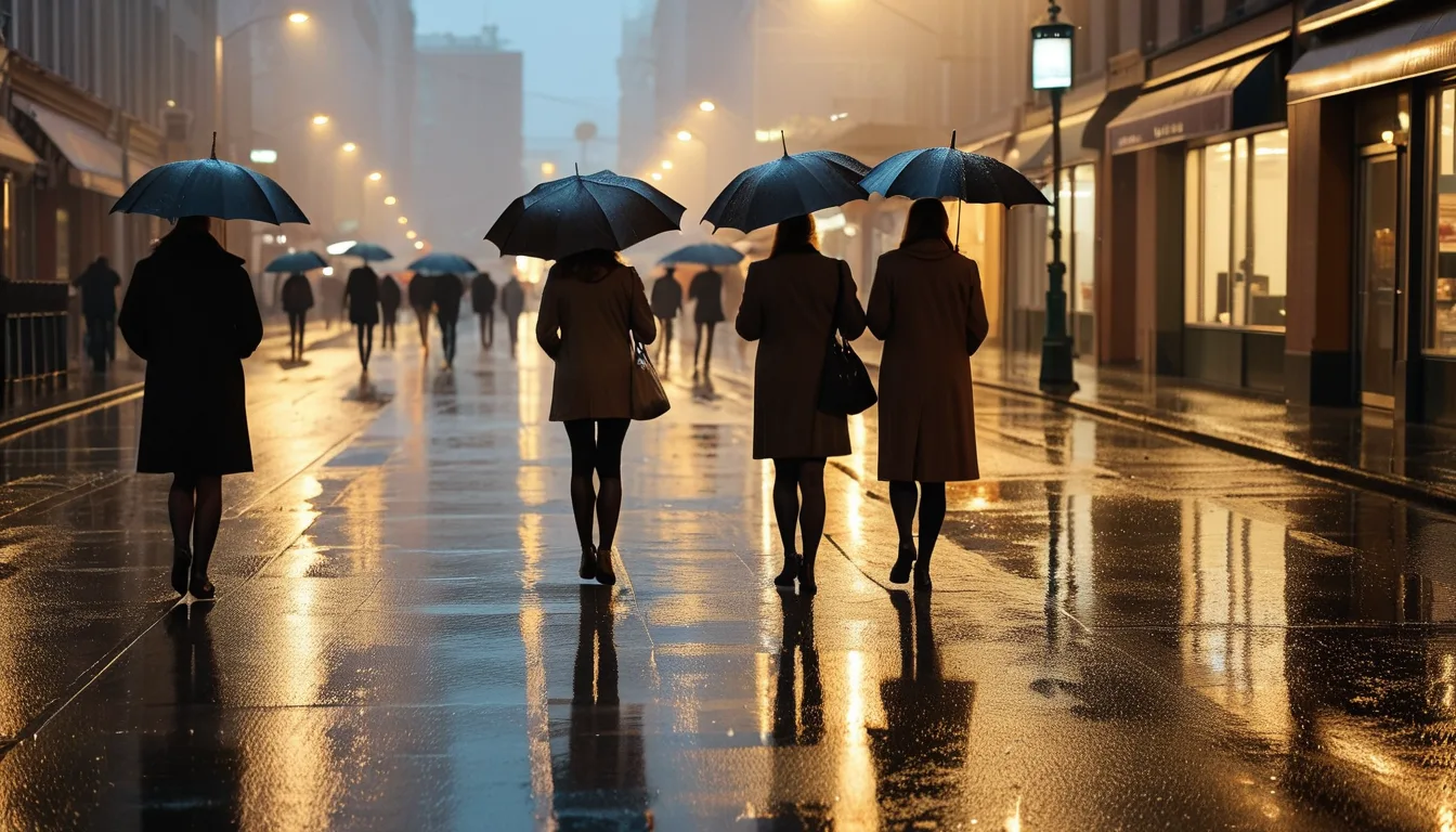 11月の雨が降る街の傘を説明するためのAI再現画像
