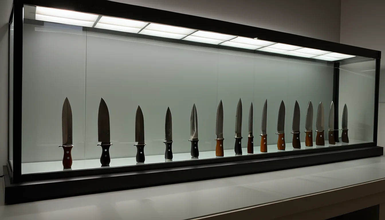 AI-generated illustration of small knives in a museum display case