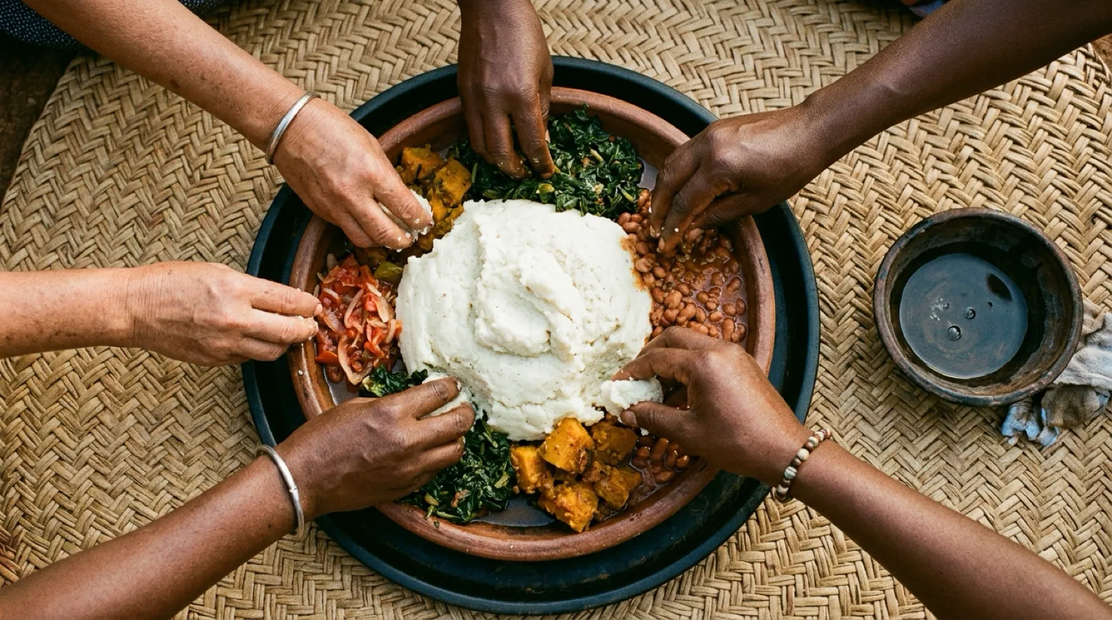 共用の皿を囲んで座り、手で分け合って食べる食卓の秩序を説明するためのAI再現画像
