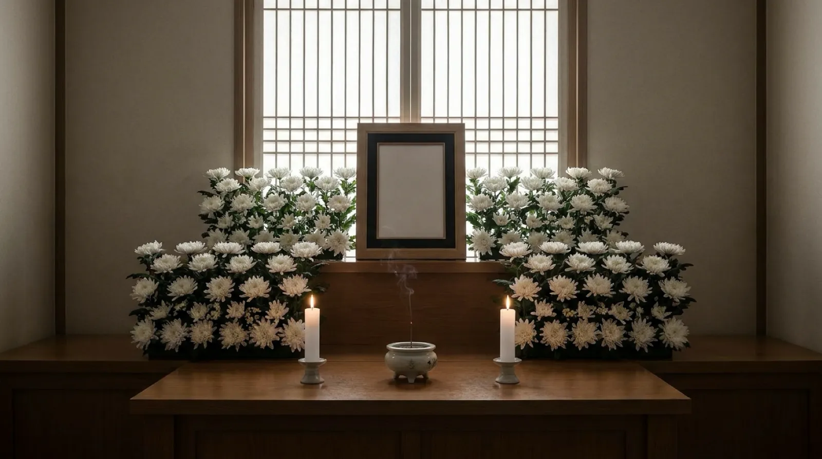 白菊で飾られた東アジア式の葬儀の祭壇を説明するためのAI再現画像