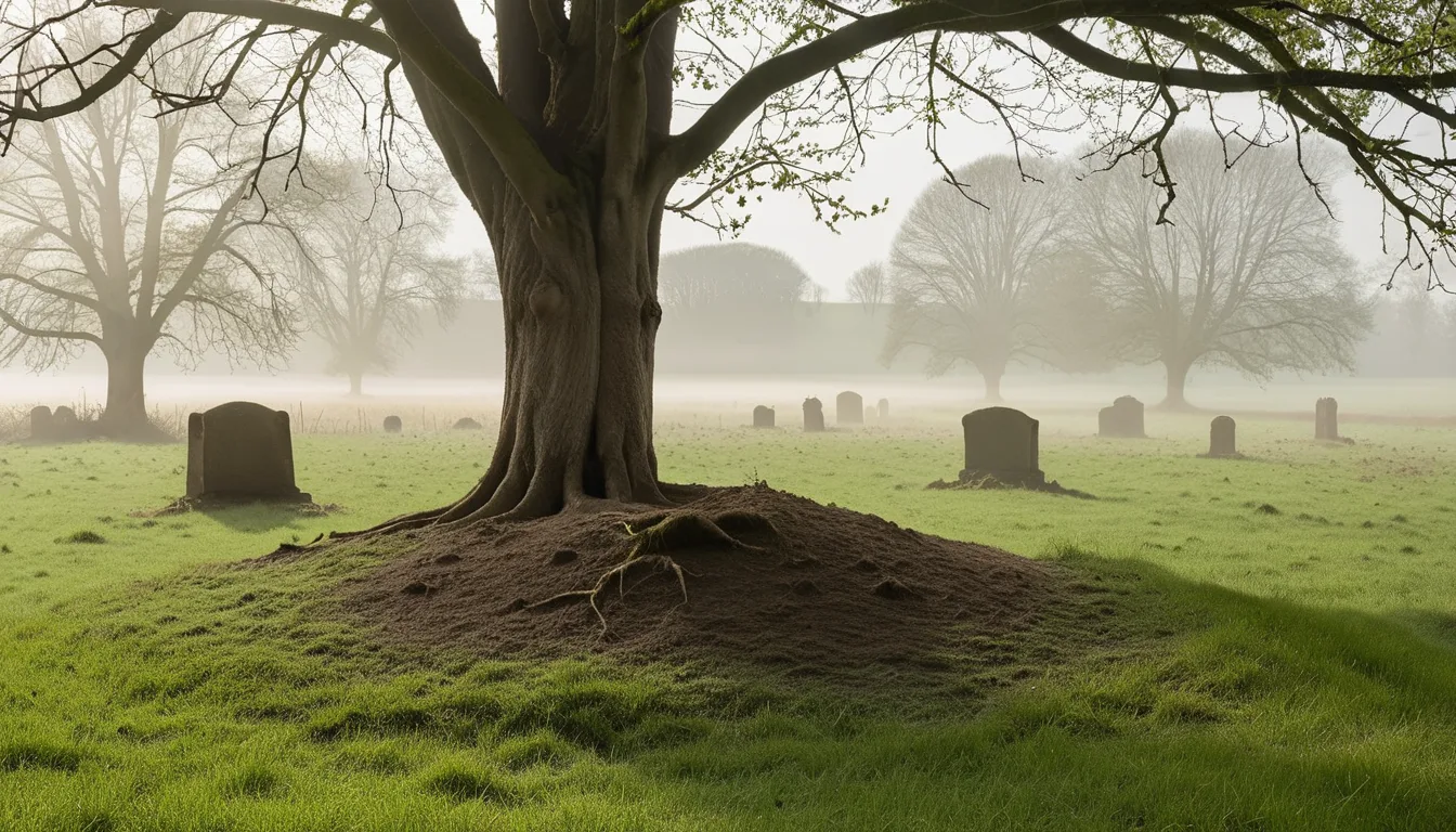 AI-generated illustration of an old tree grown between two grave mounds