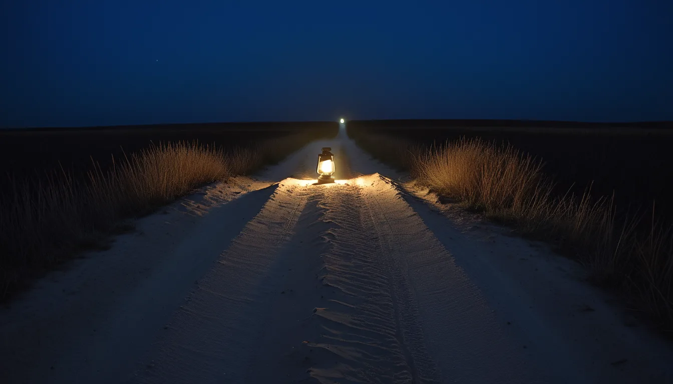 AI-generated illustration of a small lantern set on a dirt road at night