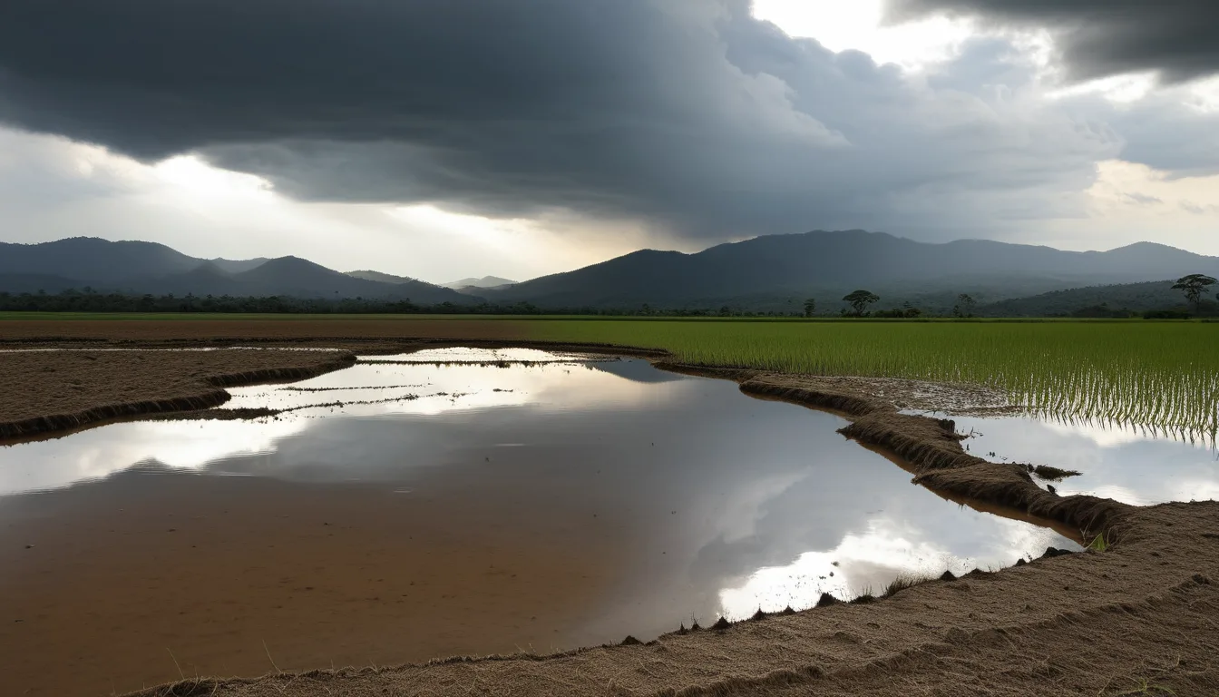 AI-generated illustration of a parched paddy field wet after rain