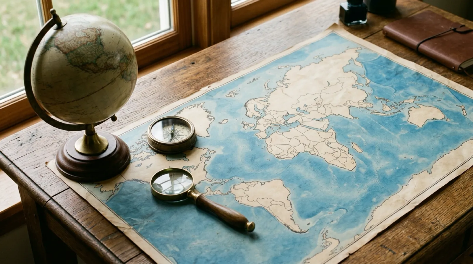 AI-reconstructed conceptual image of a globe and a flat map showing the same continents differently