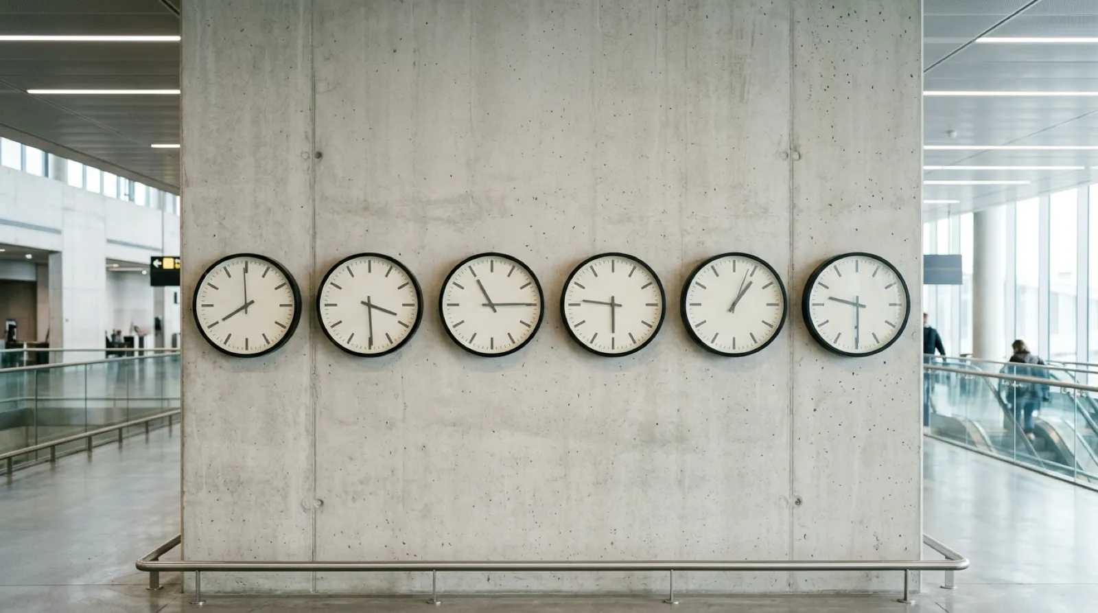AI-reconstructed conceptual image of world clocks showing different times