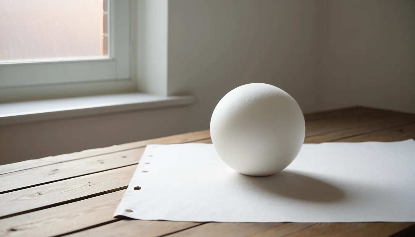 AI-generated illustration of a smooth white sphere beside a blank sheet of paper