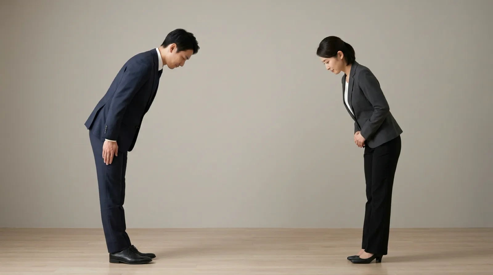 An AI conceptual illustration showing varying angles of polite bows and physical distance