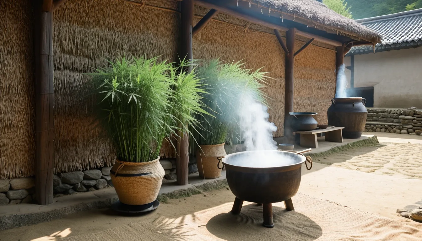 AI-generated illustration of hemp stalks being steamed in a cauldron in a rural farmyard