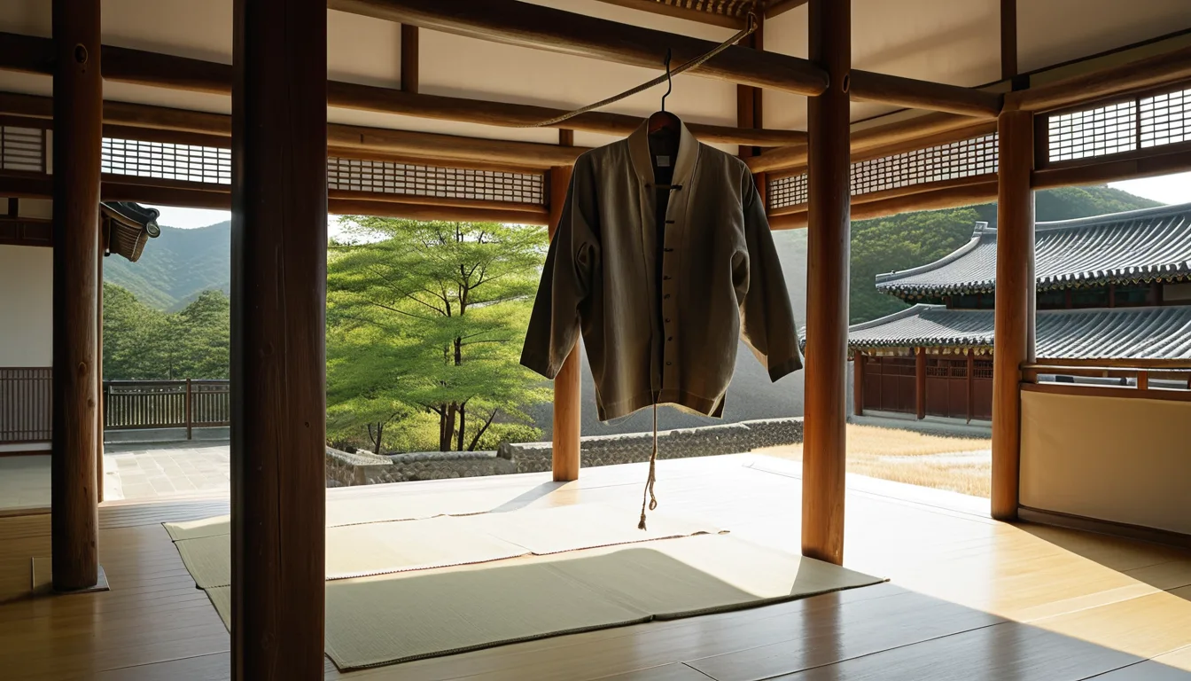 AI-generated illustration of a hemp jacket hanging in a wooden-floored hall in summer