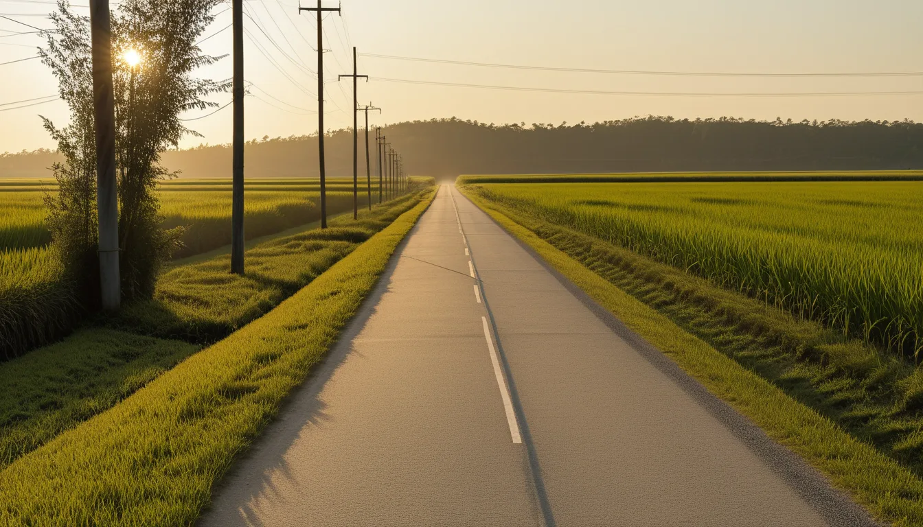 AI-generated illustration of a walker on a rural Japanese road without a sidewalk