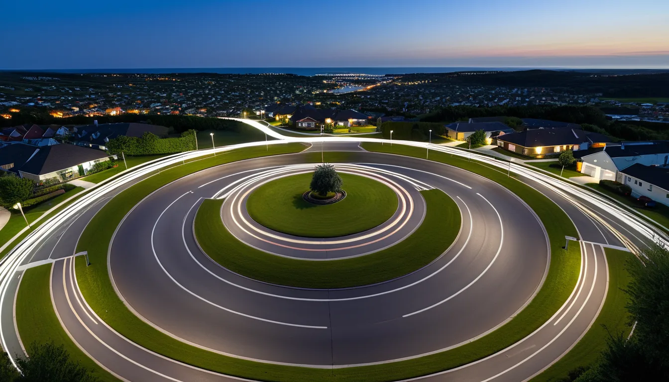 AI-generated illustration of a distant view of cars circling a roundabout