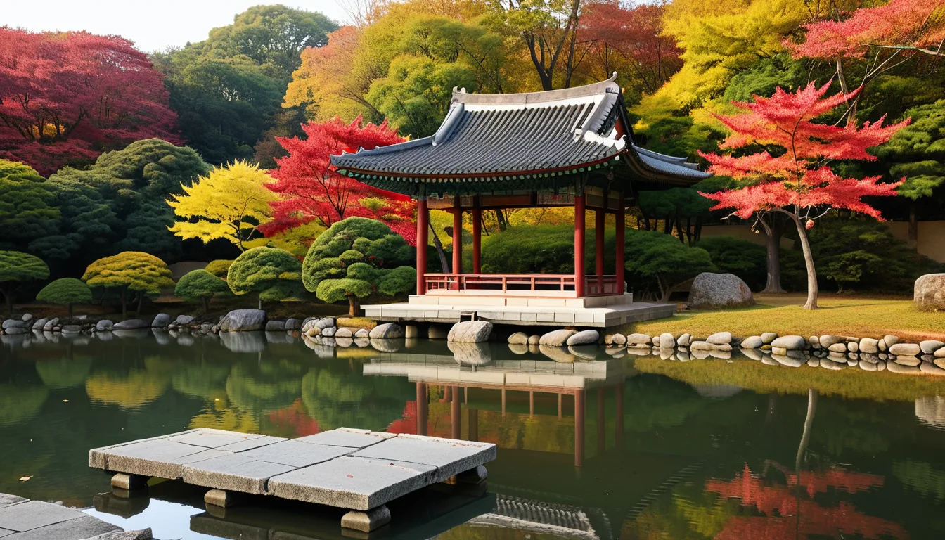 AI-generated illustration of A palace garden pond and pavilion in autumn