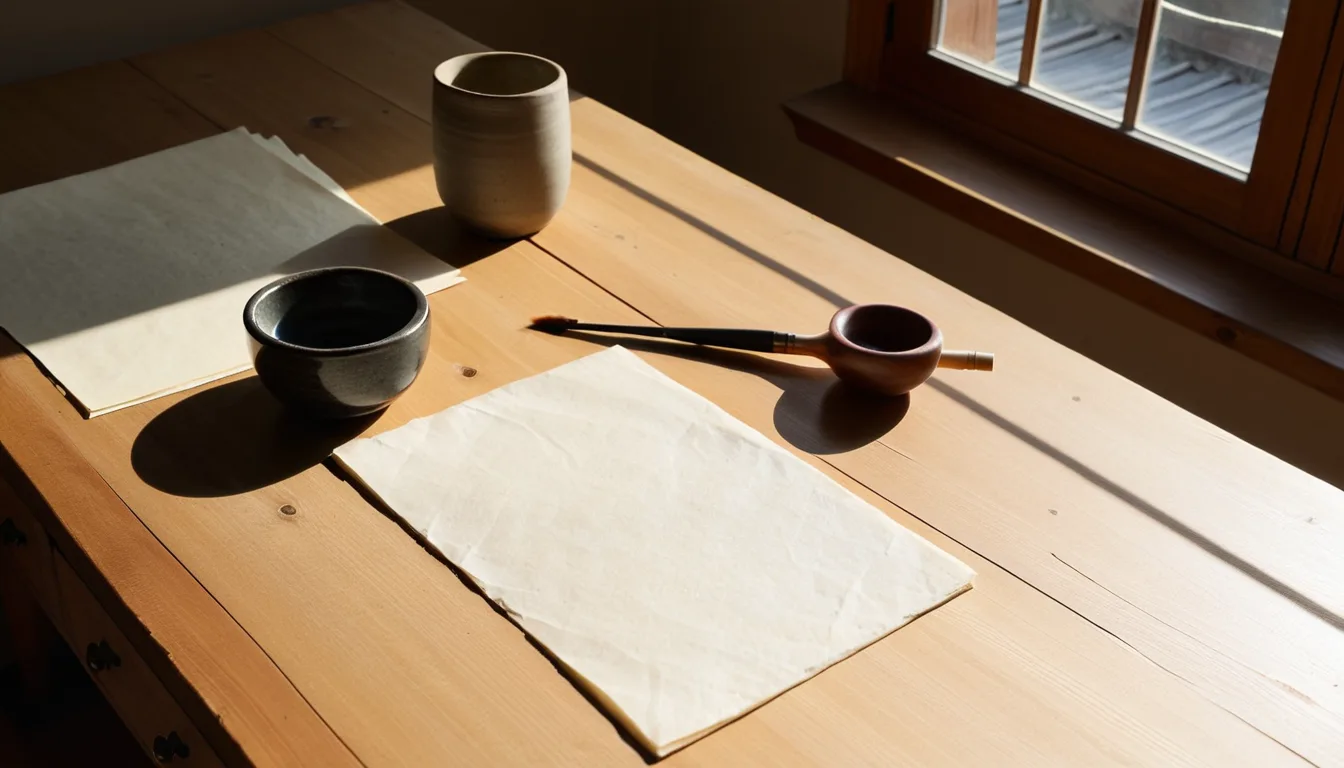 韓紙と筆が置かれた書斎の机を説明するためのAI再現画像