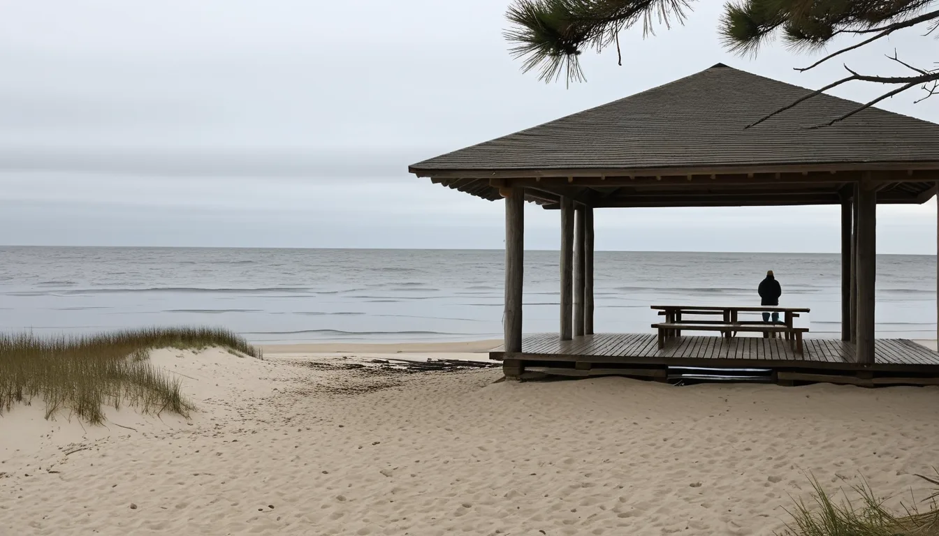 AI-generated illustration of the site of a seaside pavilion on an overcast day