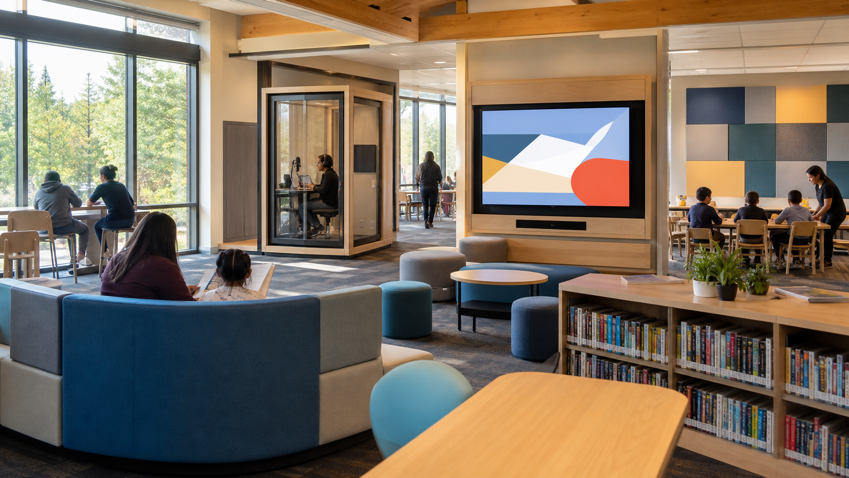 AI reconstruction of a shared library classroom and recording space showing language use across education and digital life