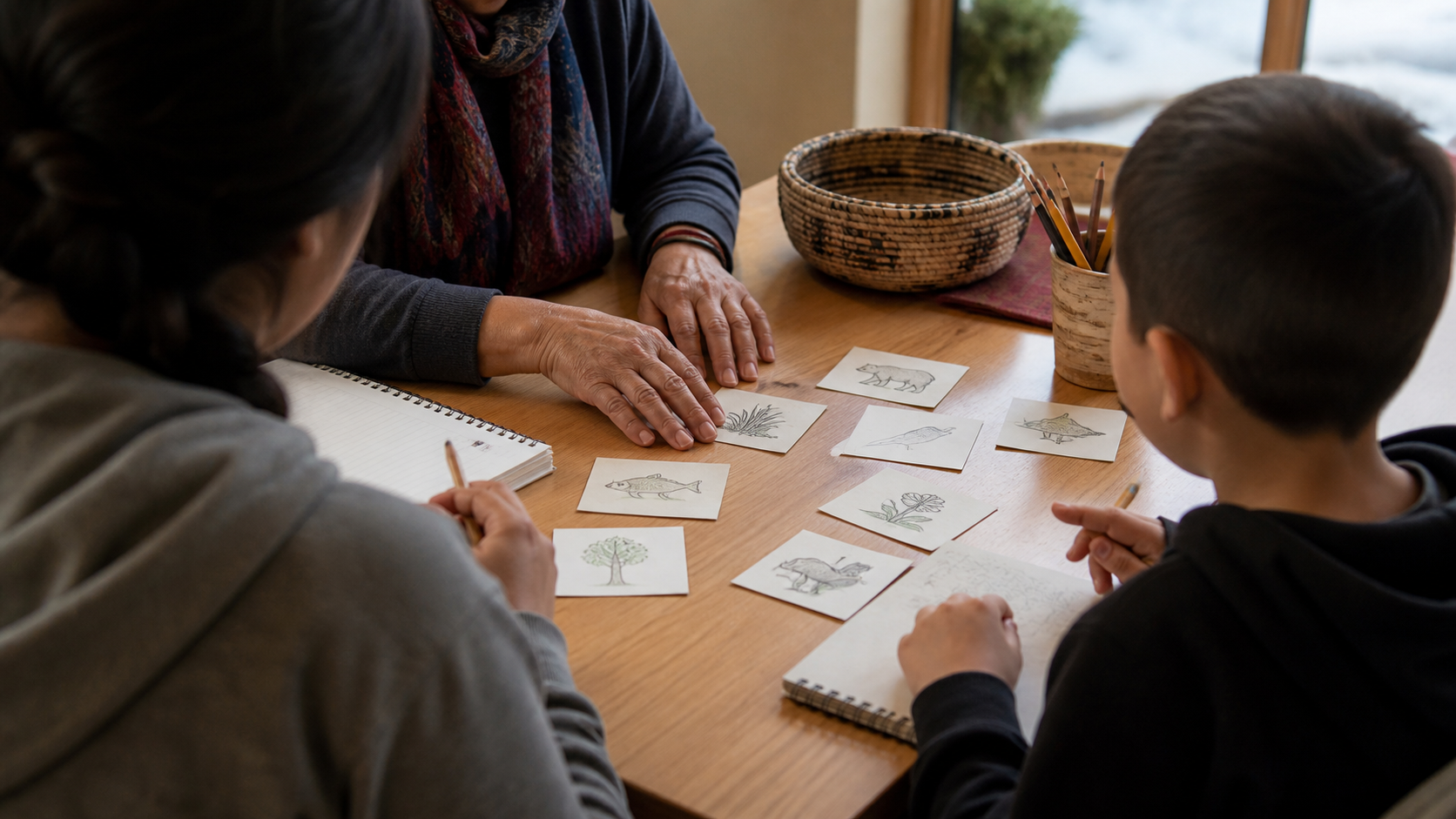 AI reconstruction of an elder and younger learners using picture cards to explain intergenerational language transmission