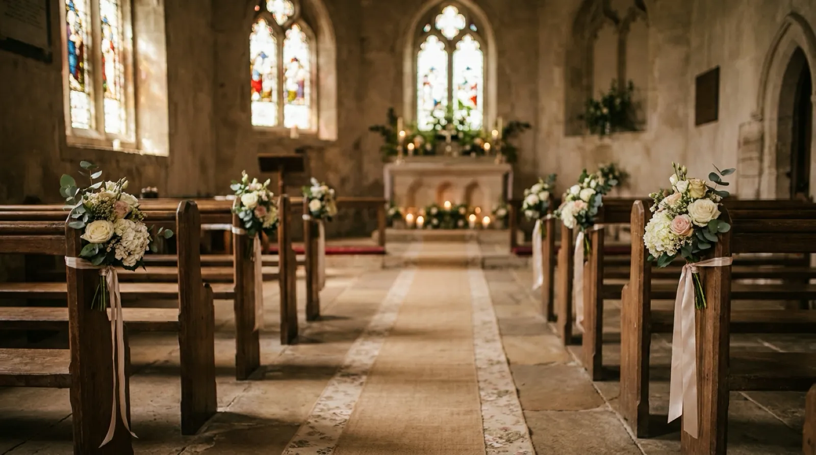 AI-generated illustration of a chapel aisle prepared for a wedding