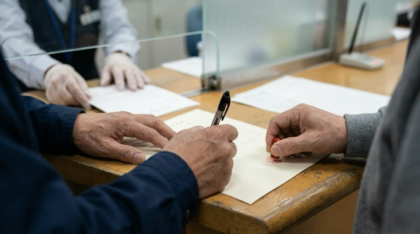 AI-generated illustration of a marriage form being signed at a government counter
