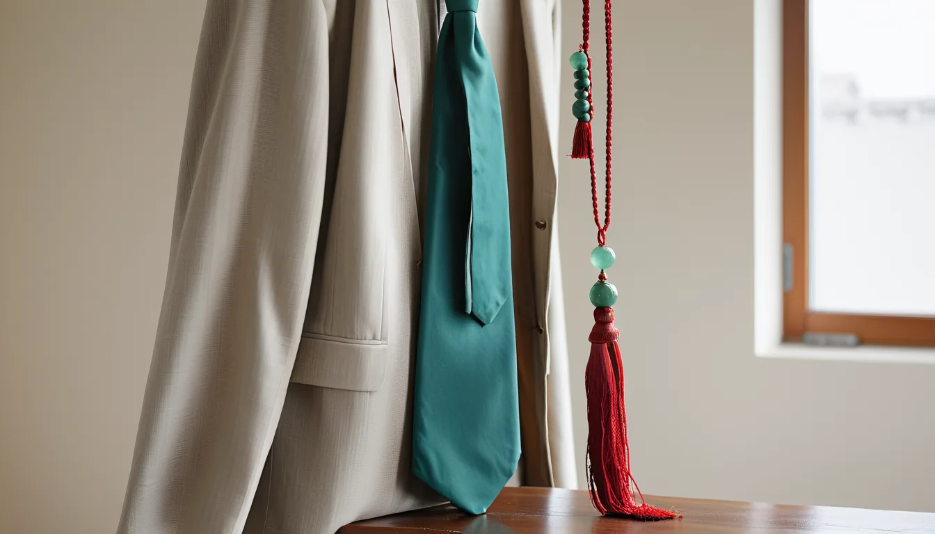 AI-generated illustration of a norigae hanging from a jacket tie