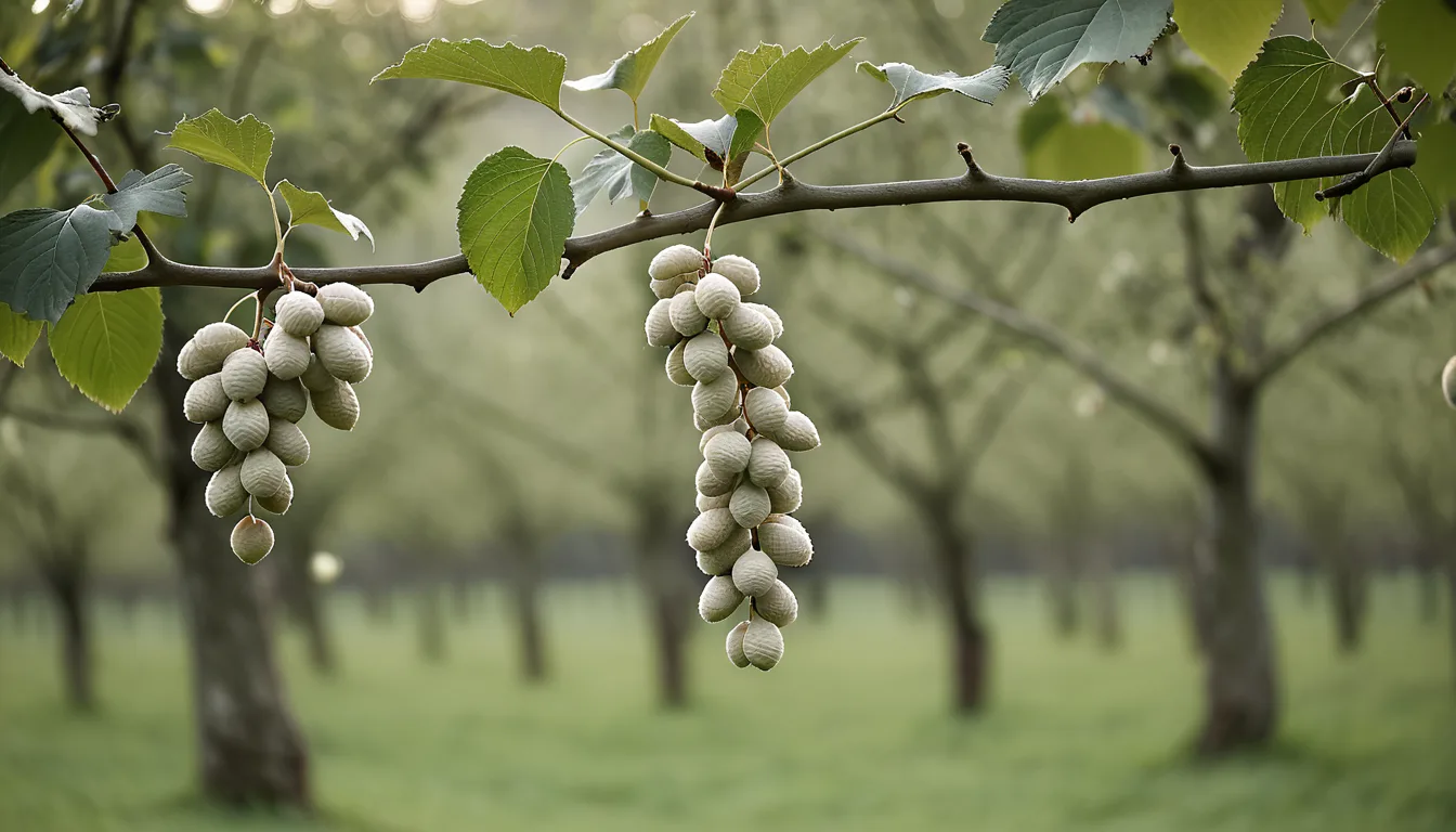 AI-generated illustration of silkworm cocoons hanging on a mulberry branch