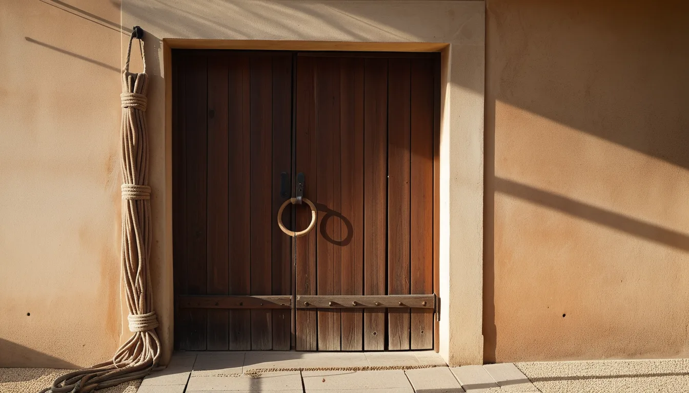 AI-generated illustration of an old wooden gate hung with a reed cord