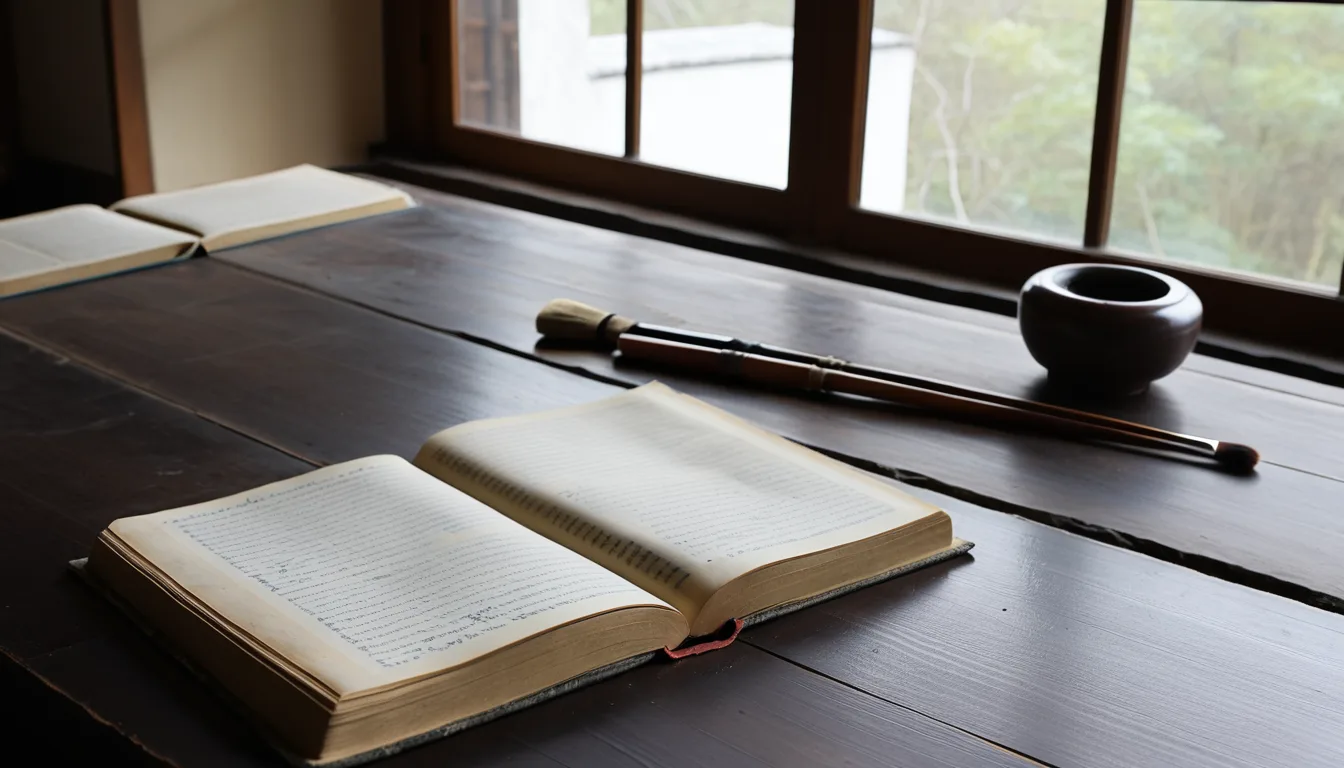古い韓紙の本と墨、筆を説明するためのAI再現画像