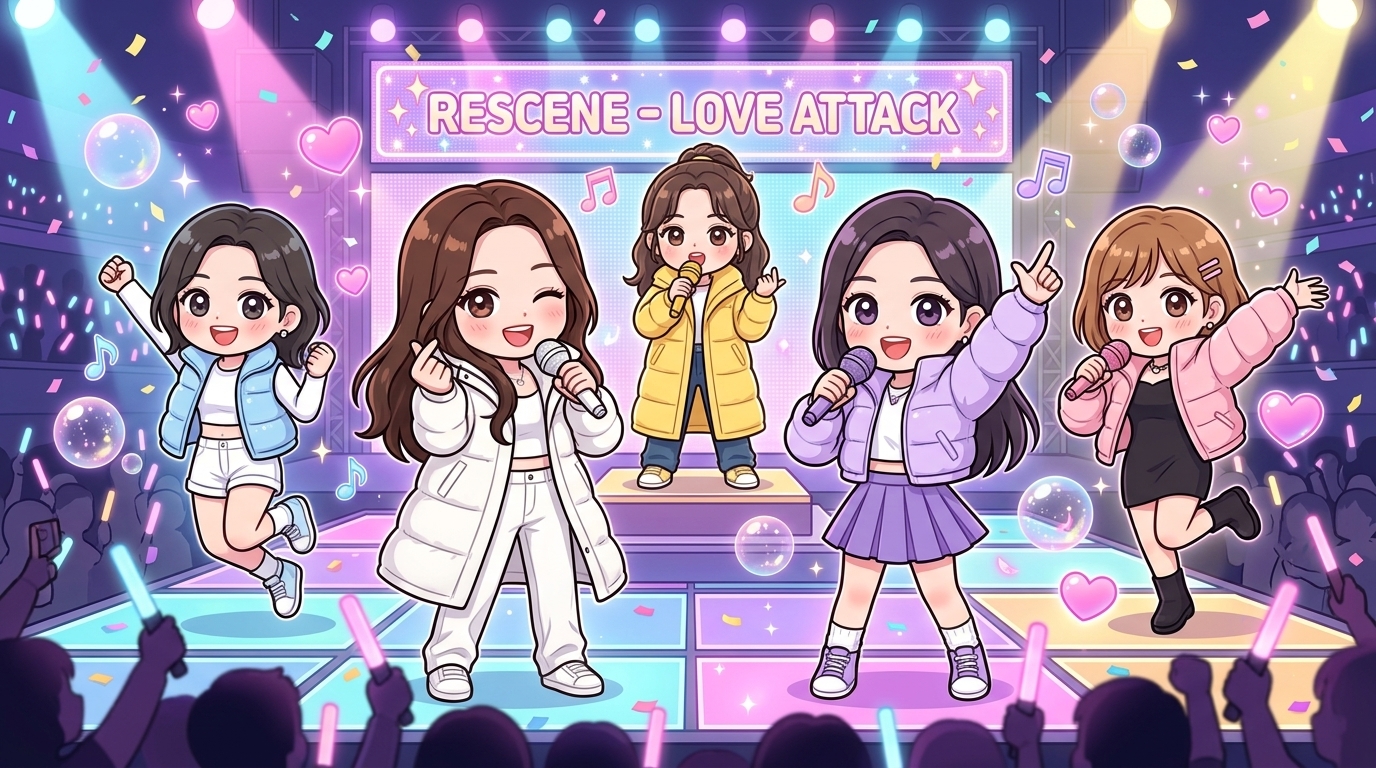 핑크빛 하트와 향기 파티클 속에서 러브 어택 무대를 사랑스럽게 펼치는 리센느 멤버들의 애니메이션 무대