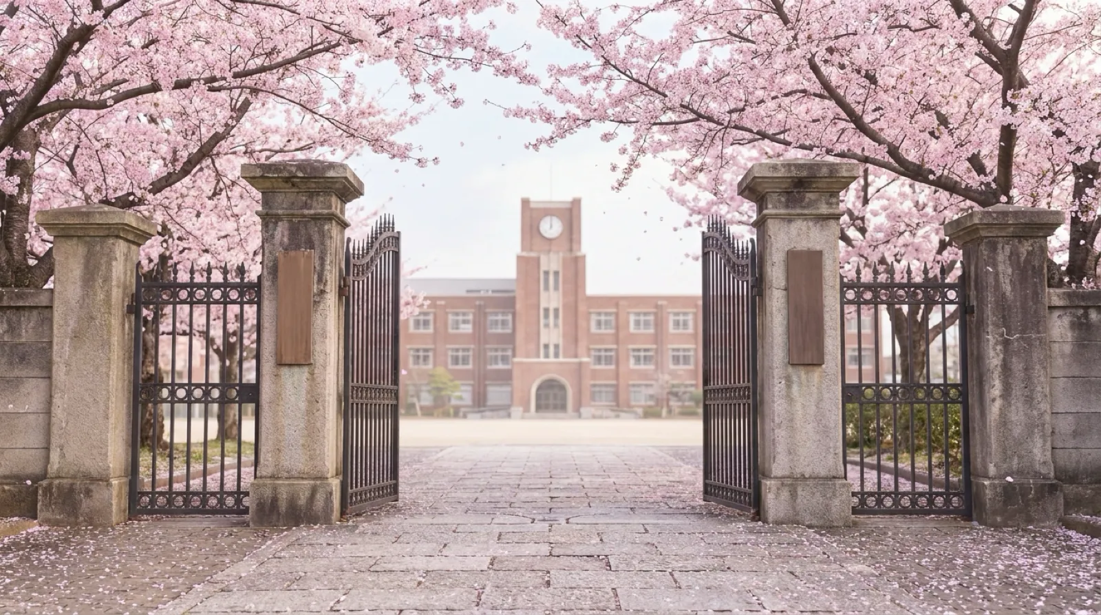 桜が咲いた4月初めの学校の正門を説明するためのAI再現画像