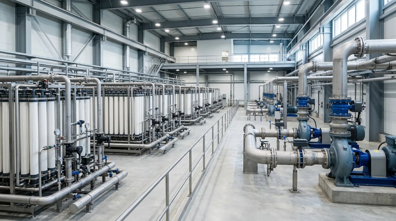 AI-generated illustration of an advanced municipal water treatment membrane facility