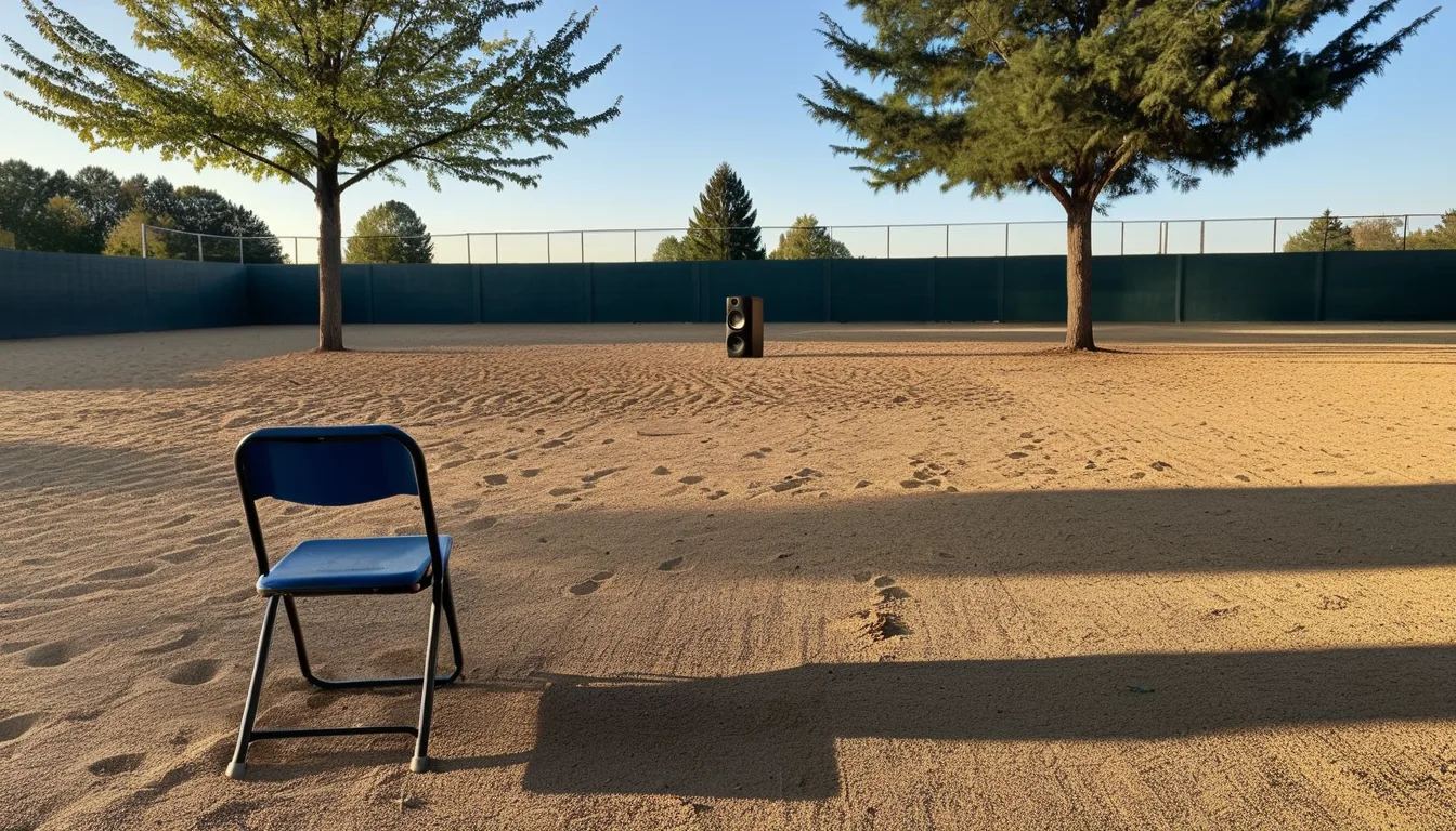 AI-generated illustration of an empty elementary school playground at dusk