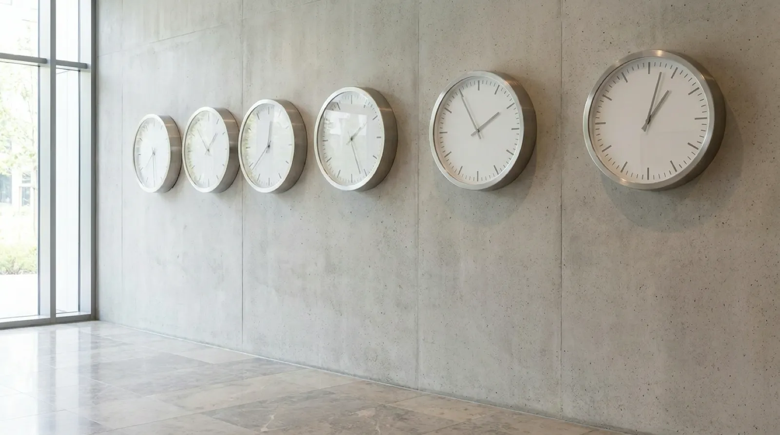 AI-generated illustration of a wall of clocks showing the time in several cities